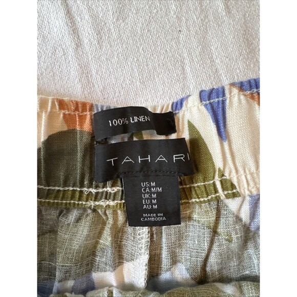 Tahari 100% Linen Pants Medium Wide Leg Pull On Elastic Waist Pockets Tropical - Picture 4 of 7